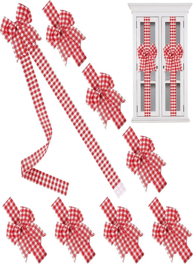Haooryx Christmas Cabinet Ribbons Bows Door Decorations - 6Pcs Red and White Plaid Large Bows Braided Burlap Home Xmas Tree Decor Handmade Bow Ornaments for Christmas Home Kitchen Party Supplies - Image 1